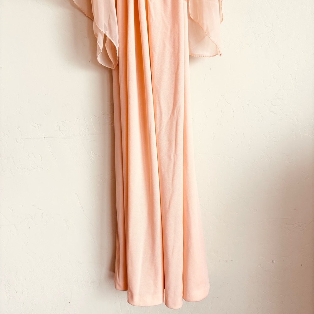 Vintage 1970s Peach Angel Wing Sleeve Deep V-neckline Empire Waist Maxi Dress - Picture 4 of 15